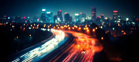 Captivating Nighttime Cityscape A Dreamy Freeway Scene with Blurred Lights and Urban Vibesの素材