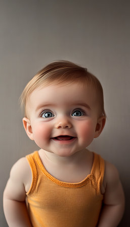 Adorable Baby Smiling with Joyful Expression on Neutral Gray Background, Perfect for Various Themesの素材