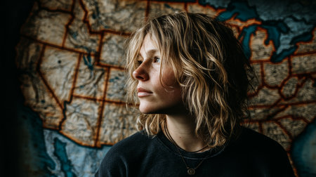 Young Adult Contemplates Life Aspirations, Studying Weathered Maps of the United States Thoughtfullyの素材