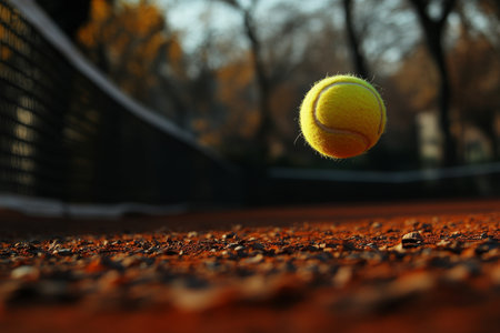 Dynamic Action Shot of Blurry Tennis Player Hitting a Yellow Ball Over the Net on Earth Courtの素材