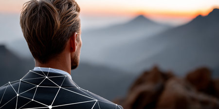 Man Contemplating Distant Mountains in Stylish Suit, Reflecting on Tomorrow from Scenic Ridgeの素材