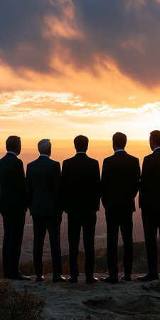 Men Silhouetted Against a Fiery Sunset Horizon, Representing Leadership, Vision, and Determinationの素材