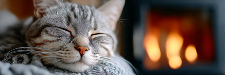A Domesticated Cat Peacefully Sleeping Next to a Warm Fireplace, Enjoying Comfort and Safety at Homeの素材