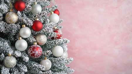 Magical Christmas Scene Featuring Beautiful Ornaments, Snowy Branches, and a Cozy Holiday Vibeの素材