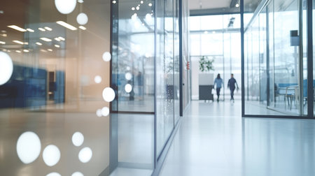 Light Reflection in a Modern Office Space Featuring Glass Hallways and Stylish Conference Roomsの素材