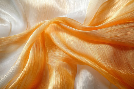 Luxurious Texture of Silky Golden Cloth Waves and Wrinkles, Elegant Gold Textile Drapery Close-upの素材