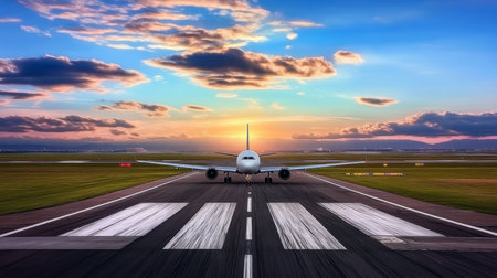 Stunning Commercial Airplane on Airport Runway at Sunset, Ready for Takeoff Amidst Colorful Skyの素材