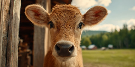 Charming Devon Calf in Serene Pasture with Rustic Barn and Morning Light Creating a Beautiful Sceneの素材