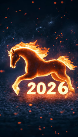 Majestic Fiery Horse Symbolizing Strength and Power in the Zodiac Year of 2026 with Celestial Sparksの素材