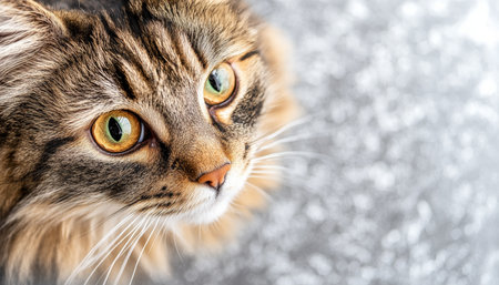 Stunning Close-Up Portrait of a Norwegian Forest Cat with Captivating Eyes on a Soft Gray Backgroundの素材