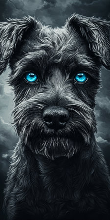 Charming Miniature Schnauzer with Blue Eyes on Elegant Charcoal Background, Full of Characterの素材