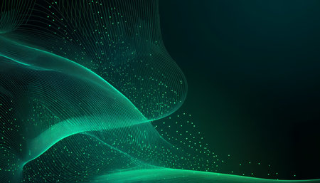 Elegant Teal Wave Background with Dynamic Motion Design and Luminous Flowing Green Curves for Artの素材