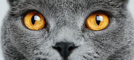 Close-Up of a Grey Chartreux Cat with Striking Orange Eyes Against a Minimalist Backgroundの素材