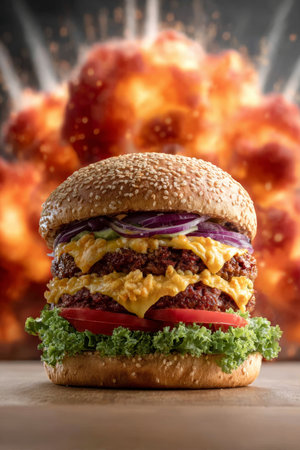 Mouthwatering Gourmet Burger with Cheese, Fresh Vegetables, and a Dramatic Explosion Backgroundの素材