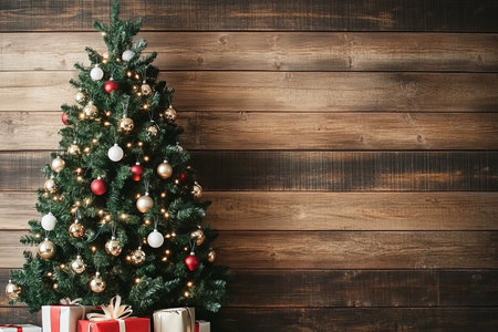 Beautifully Decorated Christmas Tree with Twinkling Lights and Ornaments Against Rustic Wood Wallの素材