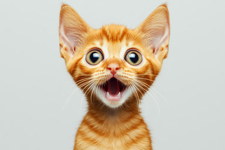 Close-up of Adorable Orange Tabby Kitten with Round Eyes and Startled Expression on Gray Backgroundの素材