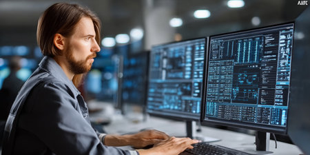 Monitors Showing Detailed Information Diagrams for IT Specialists in Global Security Operationsの素材