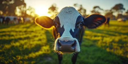 Majestic cow herd grazing peacefully at sunset in a picturesque rural pasture filled with beauty.の素材