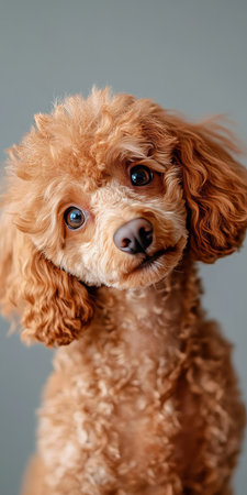 Adorable apricot Poodle showcasing its playful personality, tilted head and bright eyes in studioの素材