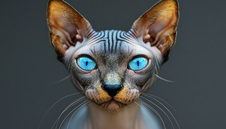 Stunning Portrait of a Hairless Sphynx Cat with Striking Blue Eyes on a Soft Gray Backgroundの素材