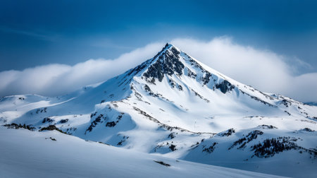 Stunning Snow-Capped Mountain Peak Surrounded by Lush Pine Forest Under Clear Blue Skiesの素材