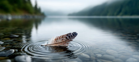 Serene Feather Drifting on a Placid Lake Surrounded by Misty Mountains and Ethereal Reflectionsの素材