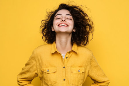 Euphoric young woman in a yellow shirt, eyes closed, celebrating happiness in a studio portrait.の素材