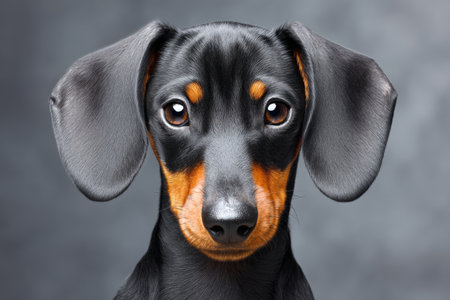 Close-Up of a Charming Black and Tan Dachshund with Captivating Eyes on a Clear Backdrop for Appealの素材
