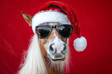 Whimsical Holiday Horse Wearing a Santa Hat and Trendy Glasses, Celebrating Christmas Cheerfullyの素材