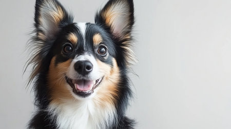 Beautiful Shetland Sheepdog with Expressive Eyes on a Soft Gray Background, Perfect for Pet Loversの素材