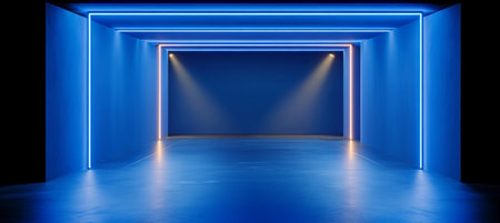 Modern Interior Design Featuring Blue Neon Lights Spotlighting a Creative Presentation Podium Areaの素材