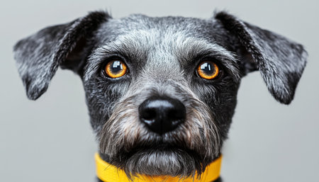 Charming Portrait of a Miniature Schnauzer with Expressive Orange Eyes on a Soft Gray Backgroundの素材