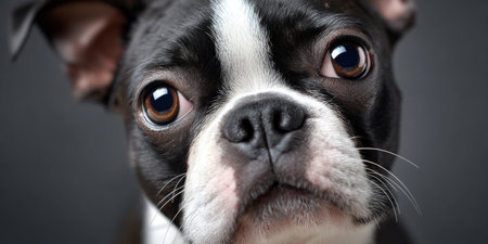 Adorable Boston Terrier Puppy with Captivating Gaze and Expressive Eyes Against a Soft Backgroundの素材