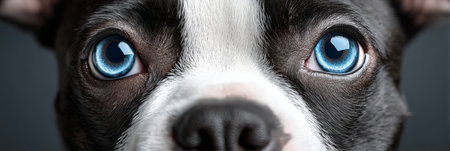 Charming Boston Terrier Puppy with Bright Eyes and Sweet Expression, Studio Portrait on Grayの素材