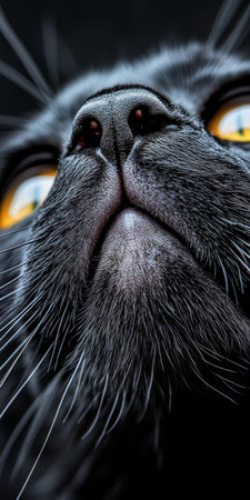 Close-Up Portrait of an Enigmatic Black Cat with Striking Eyes and Intriguing Facial Expressionsの素材