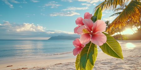 Tropical Beach Paradise Hibiscus Flowers, Palm Shadows, and Tranquil Ocean Waves Under Soft Cloudsの素材