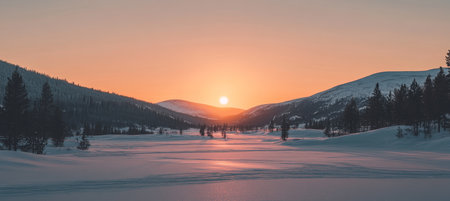 Stunning Winter Landscape at Dusk, Snow-Covered Mountains Under a Vibrant Orange and Pink Skyの素材