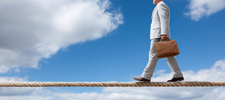 A Daring Businessman Balances on a Tightrope High Above the City, Navigating Risks and Opportunitiesの素材