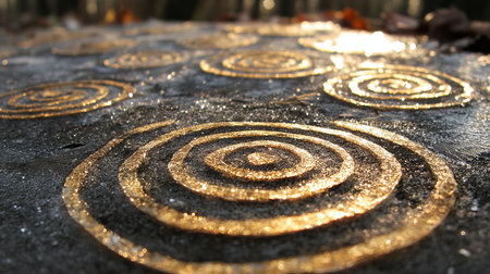 Intricate Golden Frosty Circles on a Cold Surface, Capturing the Magic of Winter s Icy Beautyの素材