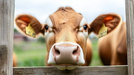 Gentle Simmental Cow Curiously Peering Through a Rustic Wooden Gate into Expansive Open Fieldsの素材