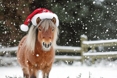 Winter Pony Joy Chestnut Fosters Holiday Spirit with Santa Hat Cheer and Blizzard Flake Magicの素材