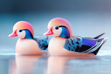 Dreamy Dawn Two Mandarin Ducks Serenely Floating Together on a Misty Pond, Romantic Wildlife Sceneの素材