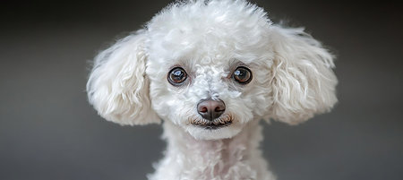 Elegant Portrait of a Charming White Poodle with Captivating Eyes Against a Soft Gray Backgroundの素材