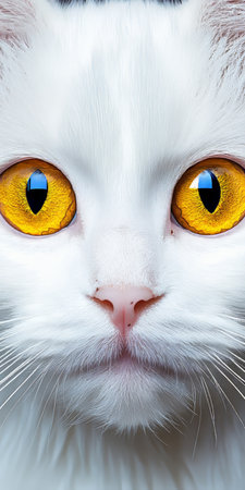 Striking Close-up of a Turkish Angora Cat with Beautiful White Fur and Mesmerizing Yellow Eyesの素材