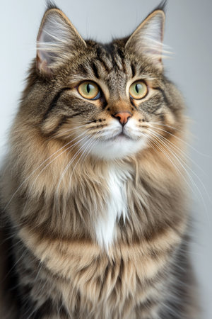 Majestic Norwegian Cat with Expressive Eyes and Long Fur Posing Gracefully Against Gray Backgroundの素材