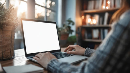 Female Professional Working at Stylish Desk with Laptop Mockup in Modern Home Office Settingの素材