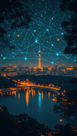 Digital Connectivity Over Pyongyang Cityscape Featuring Juche Tower in Artistic Networking Designの素材