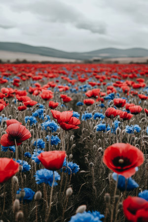 A tranquil landscape filled with vibrant wildflowers, summer blooms, and picturesque nature scenesの素材