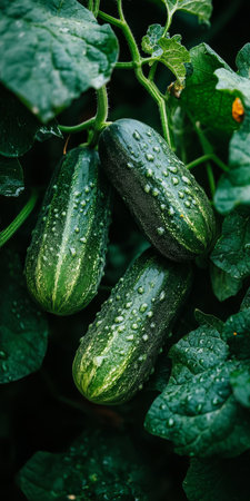 Fresh Green Cucumbers Growing on a Vine in an Organic Vegetable Garden During Summer Seasonの素材