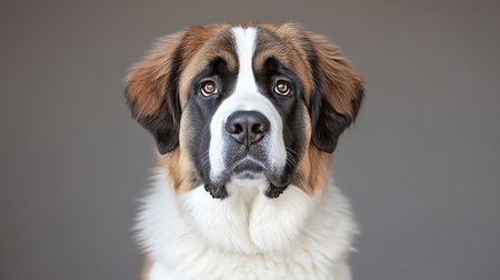 Gentle Saint Bernard Dog Closeup Portrait with Soft Fur and Expressive Eyes on a Gray Backgroundの素材